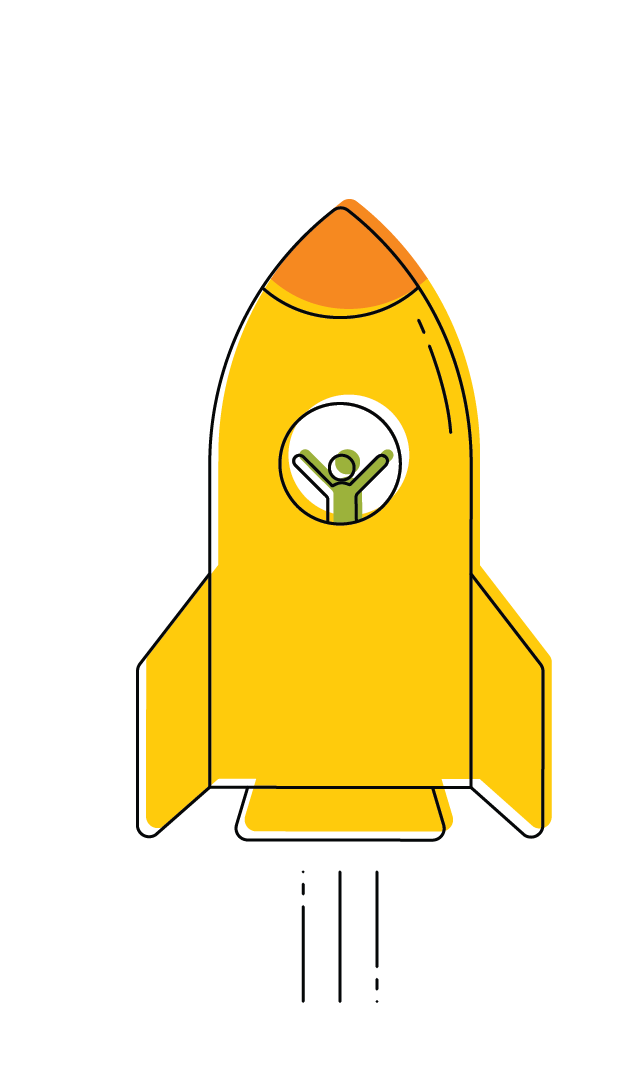 Illustration of a person inside a yellow rocket