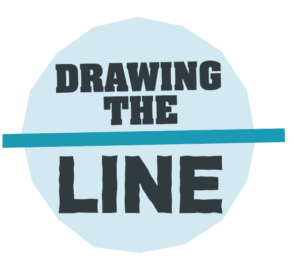 the words 'drawing the line' in a blue circle with a line through the middle